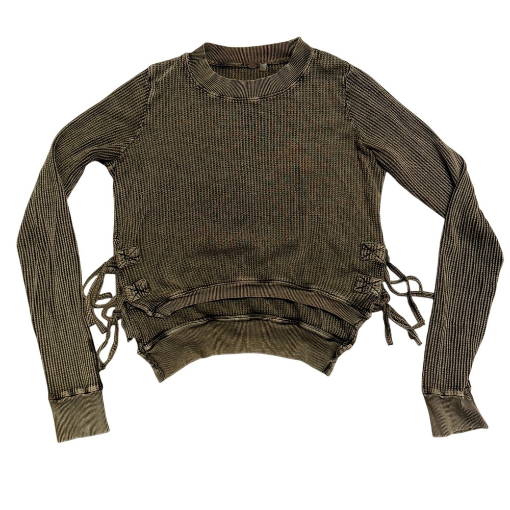 Free People FP One Thermal Top Olive Green S Lace Up Waffle Knit Boho Layer Fall